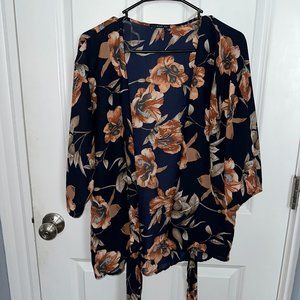 Blue & Pink Floral Cover Up Style Top with Front Tie Detail